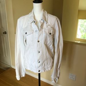 Helmut Lang couture distressed white denim jacket.